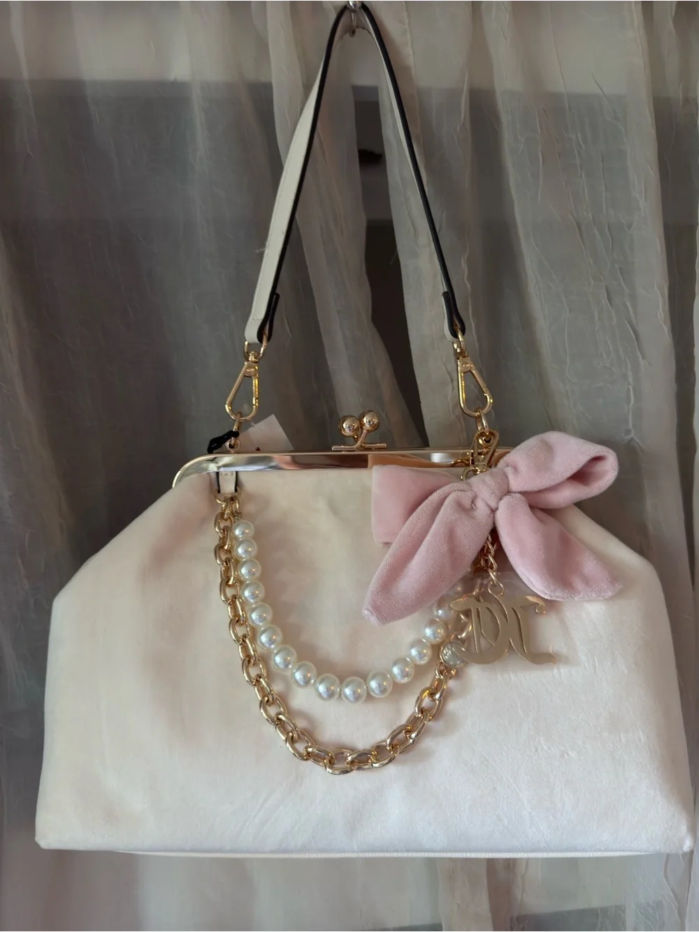 Juicy Couture Cream & Pink Pearl-Trim Satchel with Gold Chain